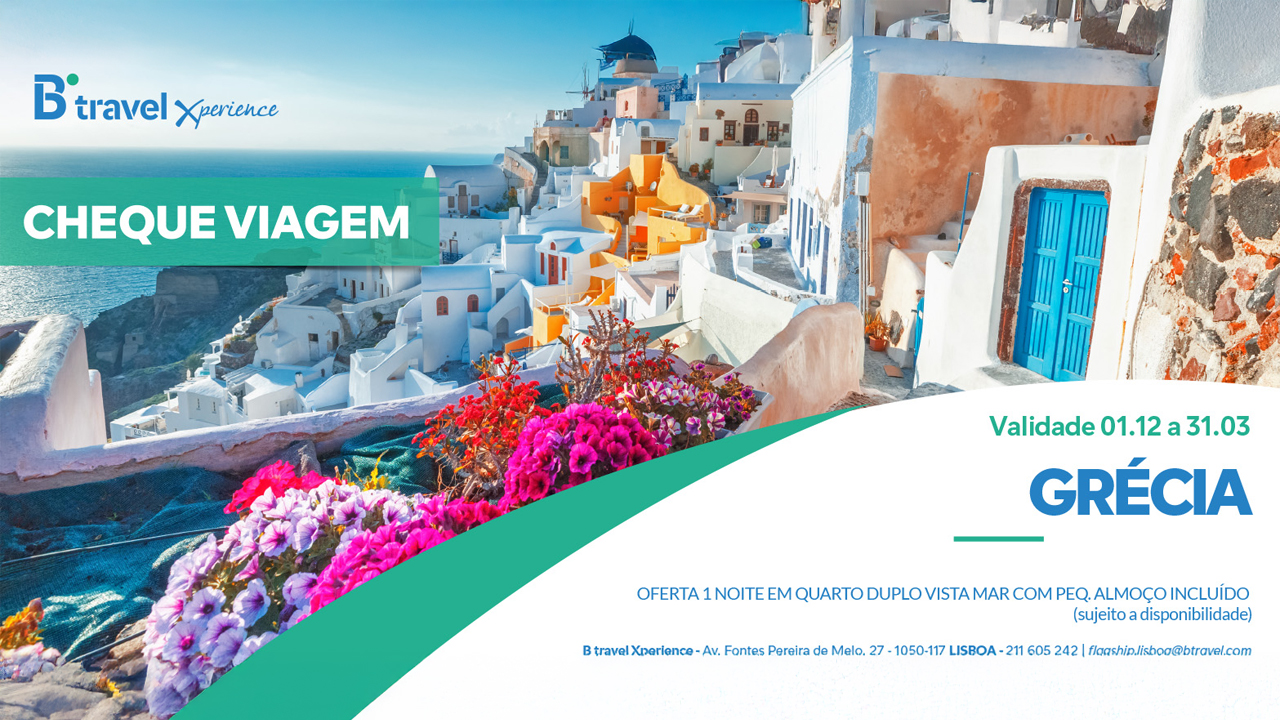 Material promocional diseñado por nuestra agencia para B travel Xpertence - Cheque viaje Grecia
